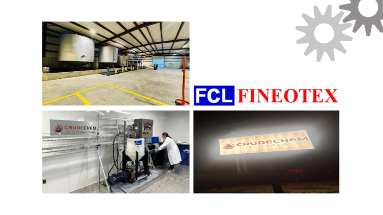 Fineotex Group Expansion: CrudeChem’s New 15-Acre Midland Facility to Power the US Energy Hub 10 A professional collage showcasing CrudeChem Technology and FCL Fineotex industrial infrastructure, featuring large chemical storage tanks in a warehouse, a laboratory technician operating specialized machinery, and illuminated company signage.