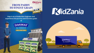 Child in a blue uniform next to Daawat rice bags and processing machinery for the KidZania India factory experience.