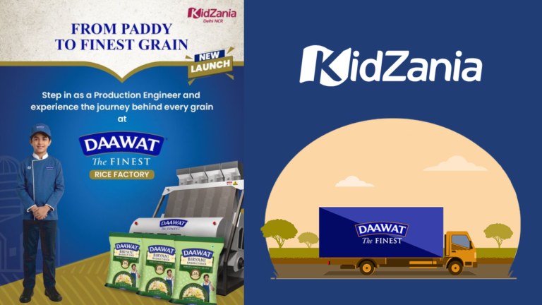 Child in a blue uniform next to Daawat rice bags and processing machinery for the KidZania India factory experience.