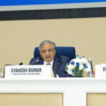 Chief Election Commissioner Gyanesh Kumar seated with Election Commissioners Dr. S.S. Sandhu and Dr. Vivek Joshi during the inauguration of the International Election Visitors’ Programme 2026 in New Delhi.