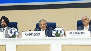 Chief Election Commissioner Gyanesh Kumar seated with Election Commissioners Dr. S.S. Sandhu and Dr. Vivek Joshi during th...