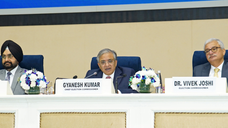 Chief Election Commissioner Gyanesh Kumar seated with Election Commissioners Dr. S.S. Sandhu and Dr. Vivek Joshi during the inauguration of the International Election Visitors’ Programme 2026 in New Delhi.