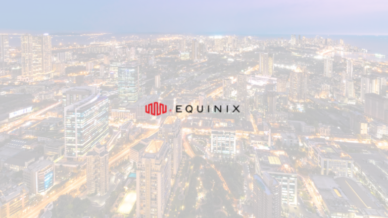 Aerial skyline view of Mumbai city at dusk with the red and black Equinix company logo centered, representing the launch of the MB3 data center.