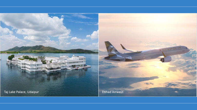 Split image showing the Taj Lake Palace in Udaipur and an Etihad Airways jet, representing the new loyalty partnership.