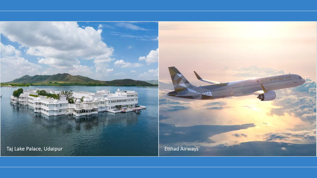 Split image showing the Taj Lake Palace in Udaipur and an Etihad Airways jet, representing the new loyalty partnership.