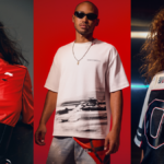 Models wearing red corset track jacket, graphic F1 tee, and racer jersey from the F1 x Off Season collection.