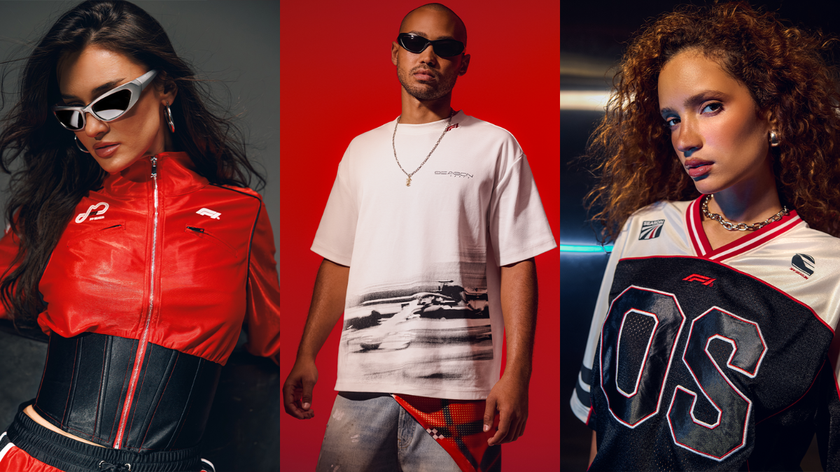 Models wearing red corset track jacket, graphic F1 tee, and racer jersey from the F1 x Off Season collection.