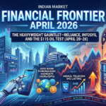 April 2026 financial chart with Reliance, Infosys, $115 Brent Crude oil, Axis Bank mandate, and Mehul Telecom IPO listing.