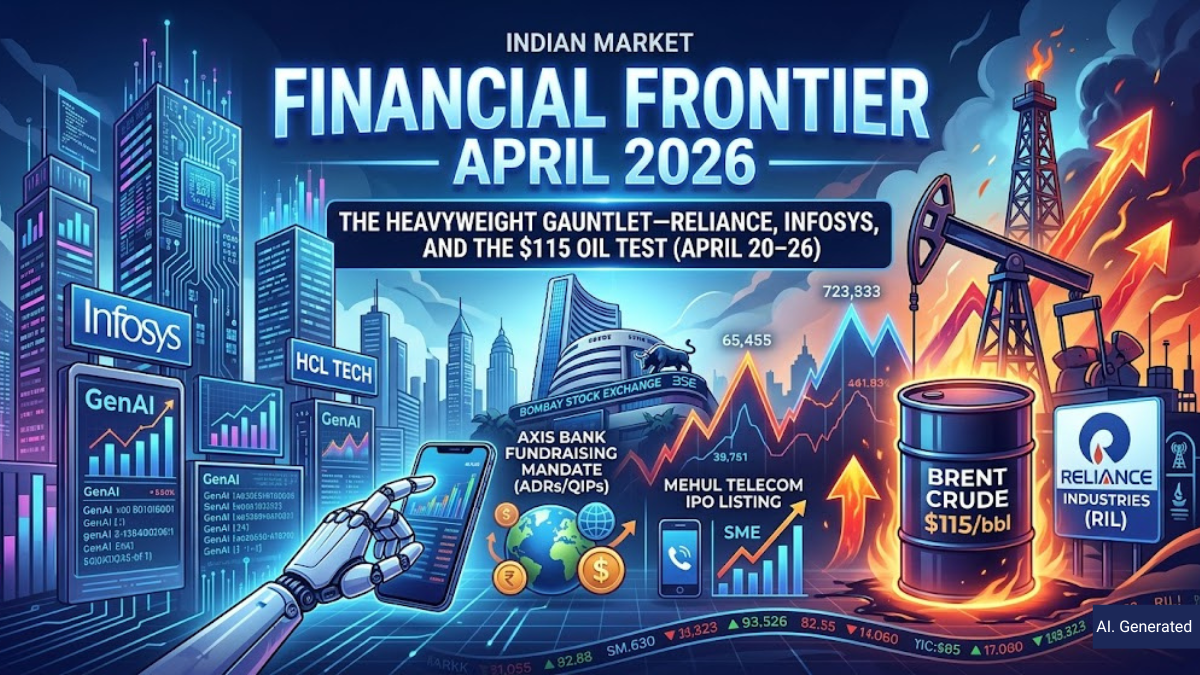 April 2026 financial chart with Reliance, Infosys, $115 Brent Crude oil, Axis Bank mandate, and Mehul Telecom IPO listing.