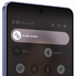 A close-up of the Samsung Galaxy S26 smartphone screen showing the Audio Eraser shortcut in the Quick Panel notification s...