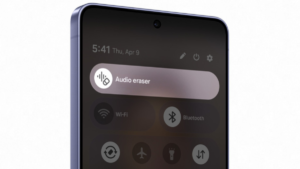A close-up of the Samsung Galaxy S26 smartphone screen showing the Audio Eraser shortcut in the Quick Panel notification s...