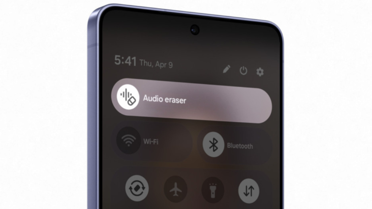 A close-up of the Samsung Galaxy S26 smartphone screen showing the Audio Eraser shortcut in the Quick Panel notification s...