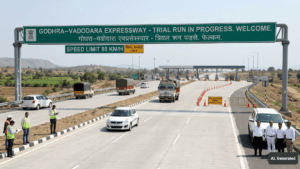 AI-generated view of the Godhra-Vadodara Expressway trial run showing the 8-lane highway, green gantry sign, and toll plaza.