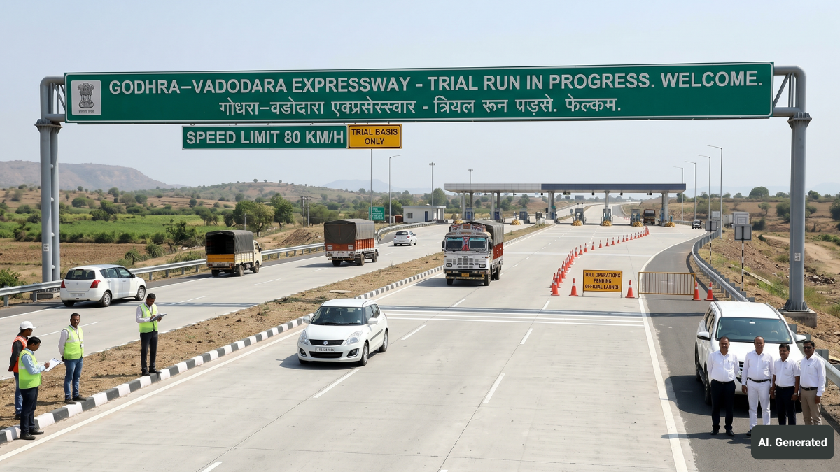 AI-generated view of the Godhra-Vadodara Expressway trial run showing the 8-lane highway, green gantry sign, and toll plaza.