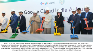 Dignitaries in hard hats holding shovels at the Google Cloud India AI Hub groundbreaking ceremony in Visakhapatnam.