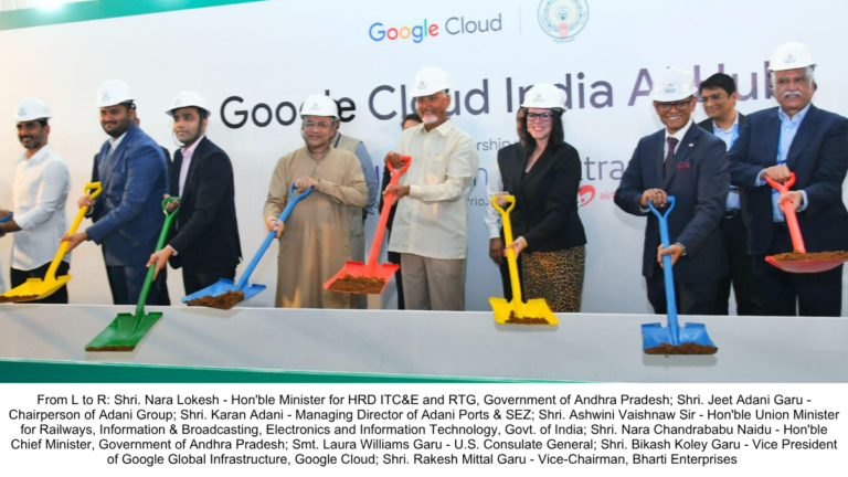Dignitaries in hard hats holding shovels at the Google Cloud India AI Hub groundbreaking ceremony in Visakhapatnam.