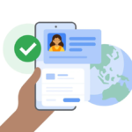 Hand holding smartphone showing a digital ID profile with a green tick and a globe for Google Wallet India context.
