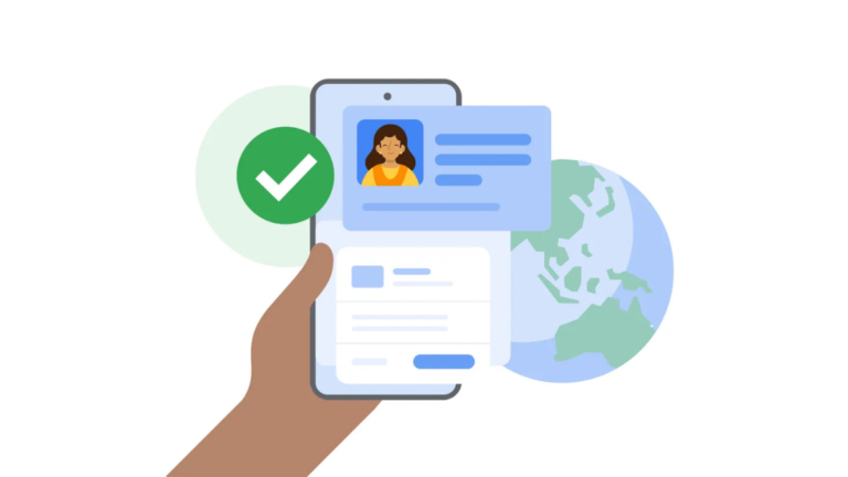 Hand holding smartphone showing a digital ID profile with a green tick and a globe for Google Wallet India context.