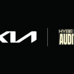 White Kia logo and HYBE INDIA AUDITION text on a black background, representing a new music collaboration.