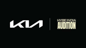 White Kia logo and HYBE INDIA AUDITION text on a black background, representing a new music collaboration.