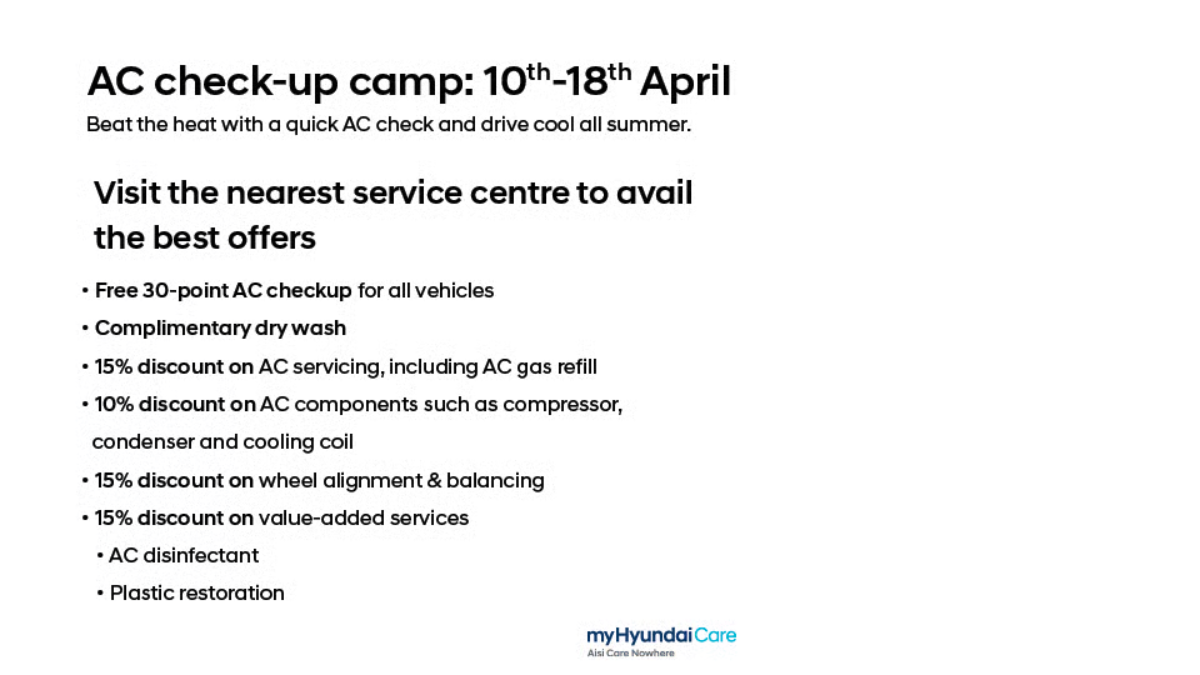 Promotional graphic for Hyundai AC check-up camp from April 10-18, listing free 30-point checkups and 15% discounts on AC servicing.
