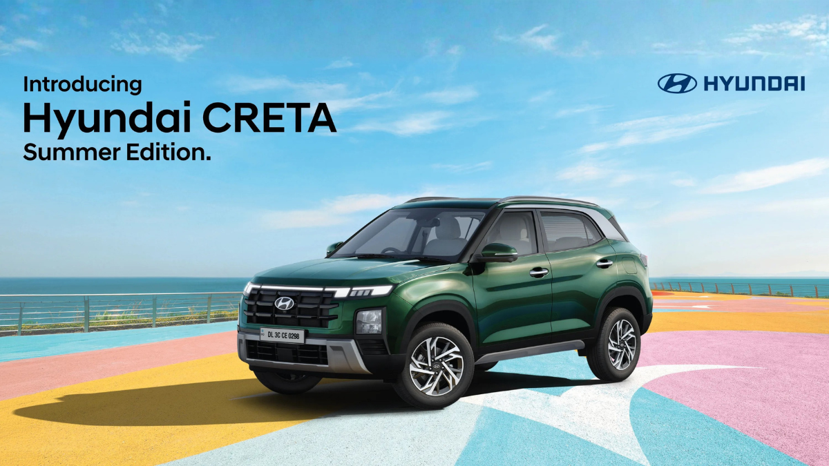 Side profile of the Hyundai CRETA Summer Edition featuring diamond-cut alloy wheels on a vibrant, multi-colored patterned waterfront walkway.