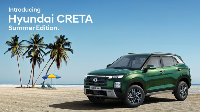 Front three-quarter view of the new Hyundai CRETA Summer Edition in Robust Emerald Pearl parked on a sunny tropical beach with palm trees.