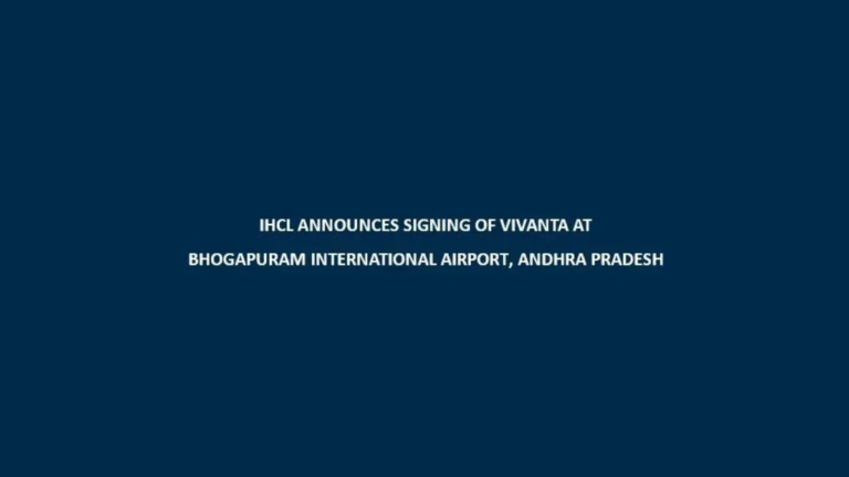 Official announcement slide for IHCL signing a new Vivanta hotel at Bhogapuram International Airport in Andhra Pradesh on ...