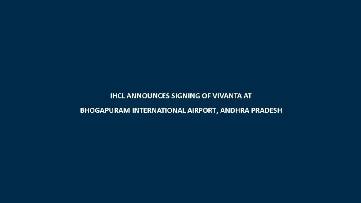 Official announcement slide for IHCL signing a new Vivanta hotel at Bhogapuram International Airport in Andhra Pradesh on ...