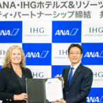 IHG and ANA executives holding a signed document against a branded backdrop for their India loyalty partnership.