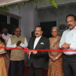 Minister Jitendra Singh cutting a red ribbon at the Indian Institute of Astrophysics Bengaluru with ISRO Chairman Somanath.