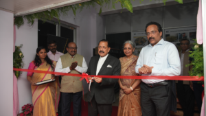 Minister Jitendra Singh cutting a red ribbon at the Indian Institute of Astrophysics Bengaluru with ISRO Chairman Somanath.