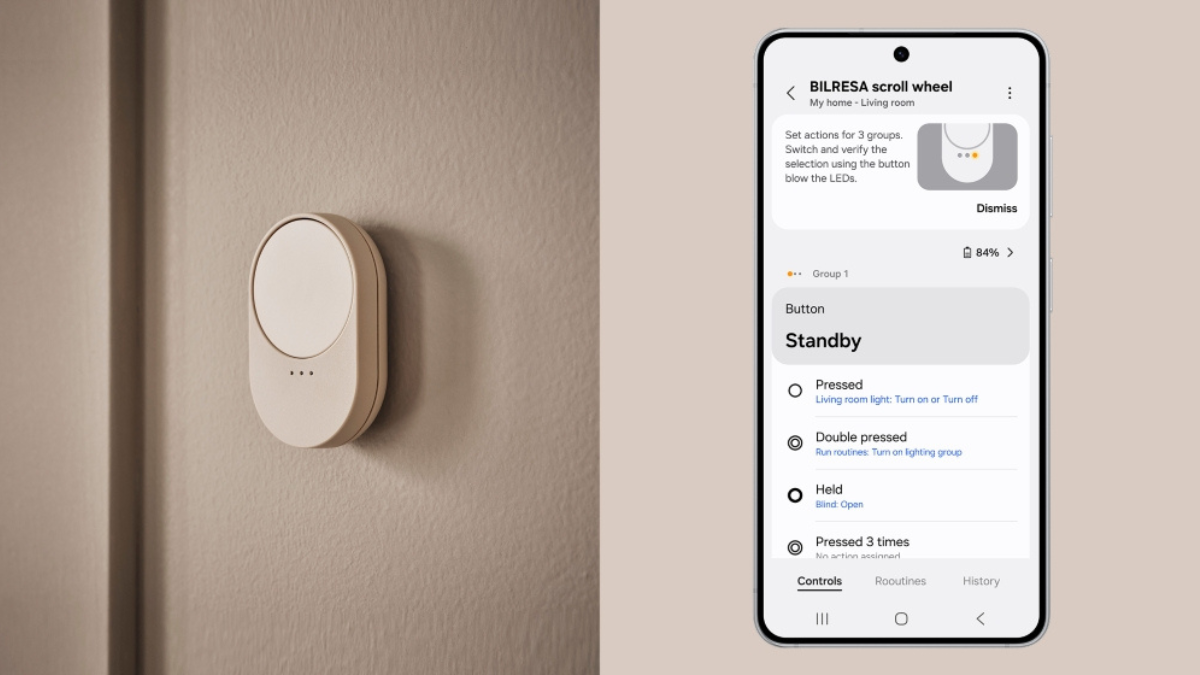 Beige IKEA scroll wheel on a wall next to a Samsung phone showing the SmartThings app control interface in India.