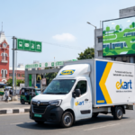 IKEA Ekart delivery truck near Chennai Central Station with an eco-themed billboard representing sustainable EV logistics