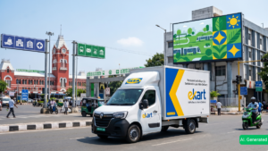 IKEA Ekart delivery truck near Chennai Central Station with an eco-themed billboard representing sustainable EV logistics