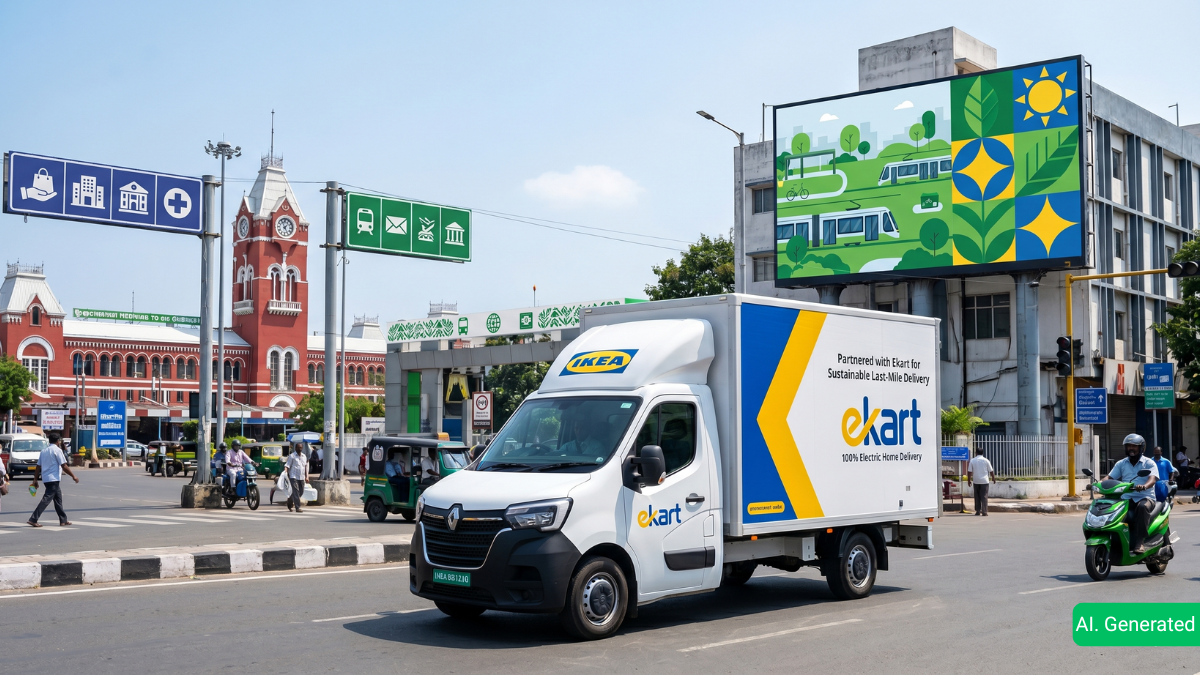 IKEA Ekart delivery truck near Chennai Central Station with an eco-themed billboard representing sustainable EV logistics