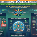 Infographic showing MeitY's online gaming rules 2026 for India, featuring OGAI, age-gating, and e-sports registration.