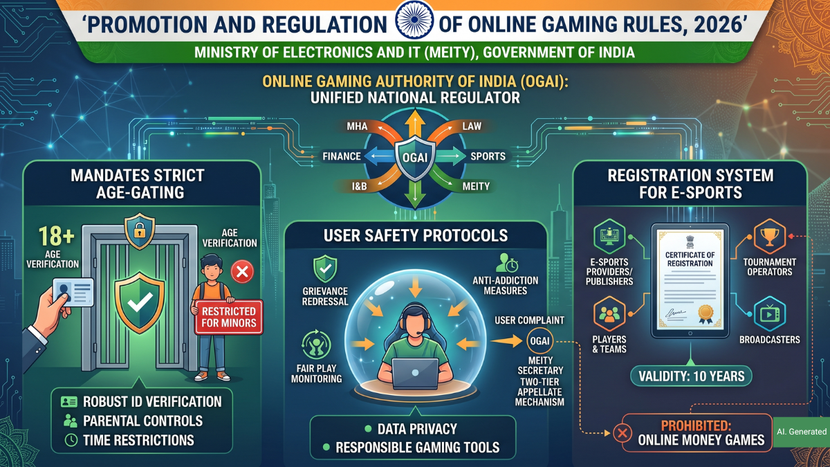 Infographic showing MeitY's online gaming rules 2026 for India, featuring OGAI, age-gating, and e-sports registration.
