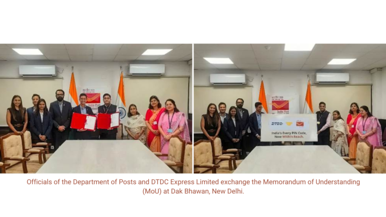Officials exchange MoU folders (left) and pose with a PIN code reach sign (right) in an office with Indian flags.
