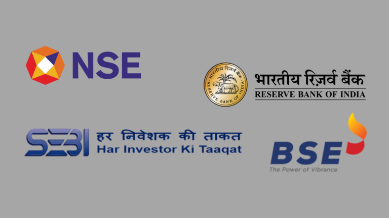 A composite image showcasing the official logos of India's primary financial and regulatory bodies: National Stock Exchang...