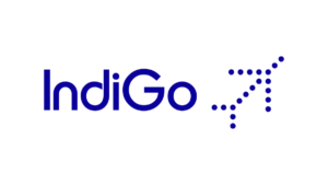 Blue IndiGo brand logo with a dotted airplane icon on a white background representing new Jamnagar flight services in India.