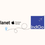 Graphic illustrating the partnership between IndiGo and iPlanet Apple Premium Partner, featuring a flight path connecting ...
