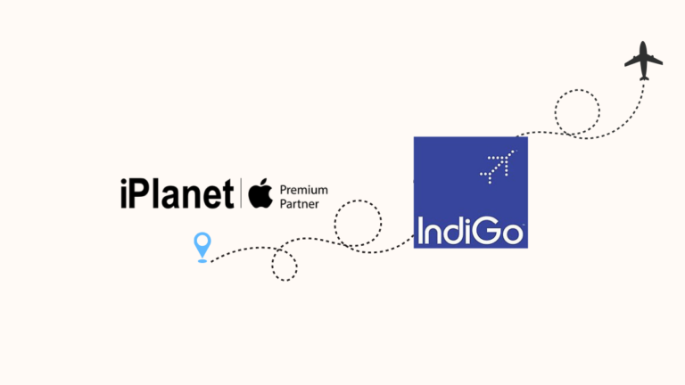 Graphic illustrating the partnership between IndiGo and iPlanet Apple Premium Partner, featuring a flight path connecting ...