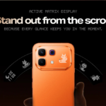 Rear view of the Infinix Note 60 Pro in Solar Orange showing the Active Matrix Display with customizable LED pixel icons f...
