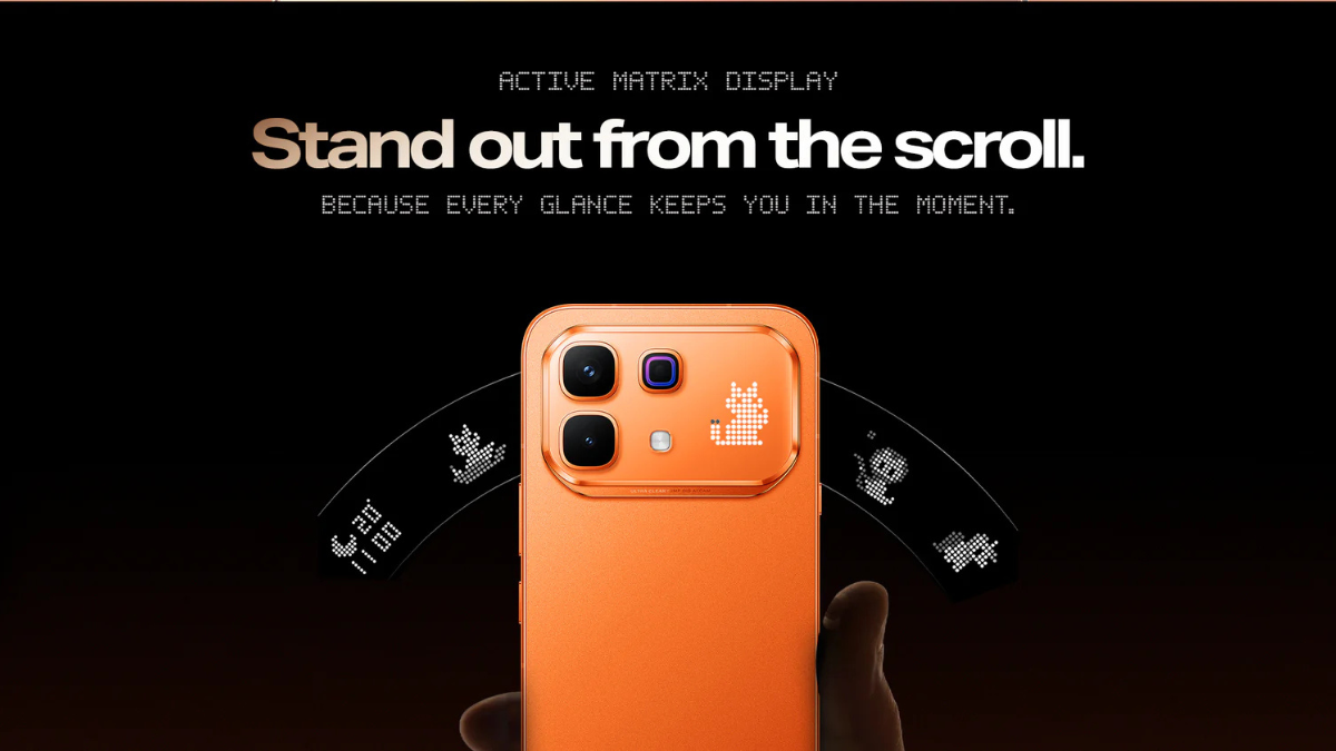 Rear view of the Infinix Note 60 Pro in Solar Orange showing the Active Matrix Display with customizable LED pixel icons f...