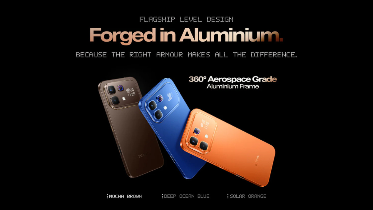 The Infinix Note 60 Pro showcased in three colors: Mocha Brown, Deep Ocean Blue, and Solar Orange, highlighting the aerospace-grade aluminium frame.