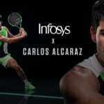 A professional collage featuring 7-time Grand Slam champion Carlos Alcaraz in a dynamic tennis stance and a close-up portr...