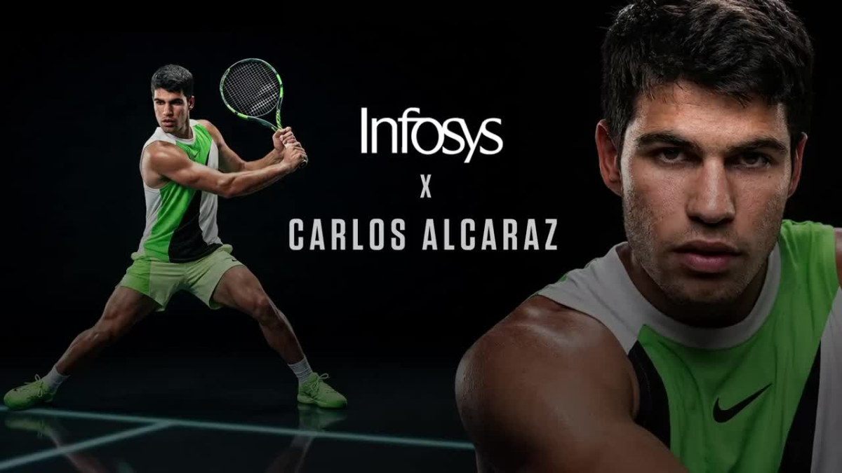 A professional collage featuring 7-time Grand Slam champion Carlos Alcaraz in a dynamic tennis stance and a close-up portr...