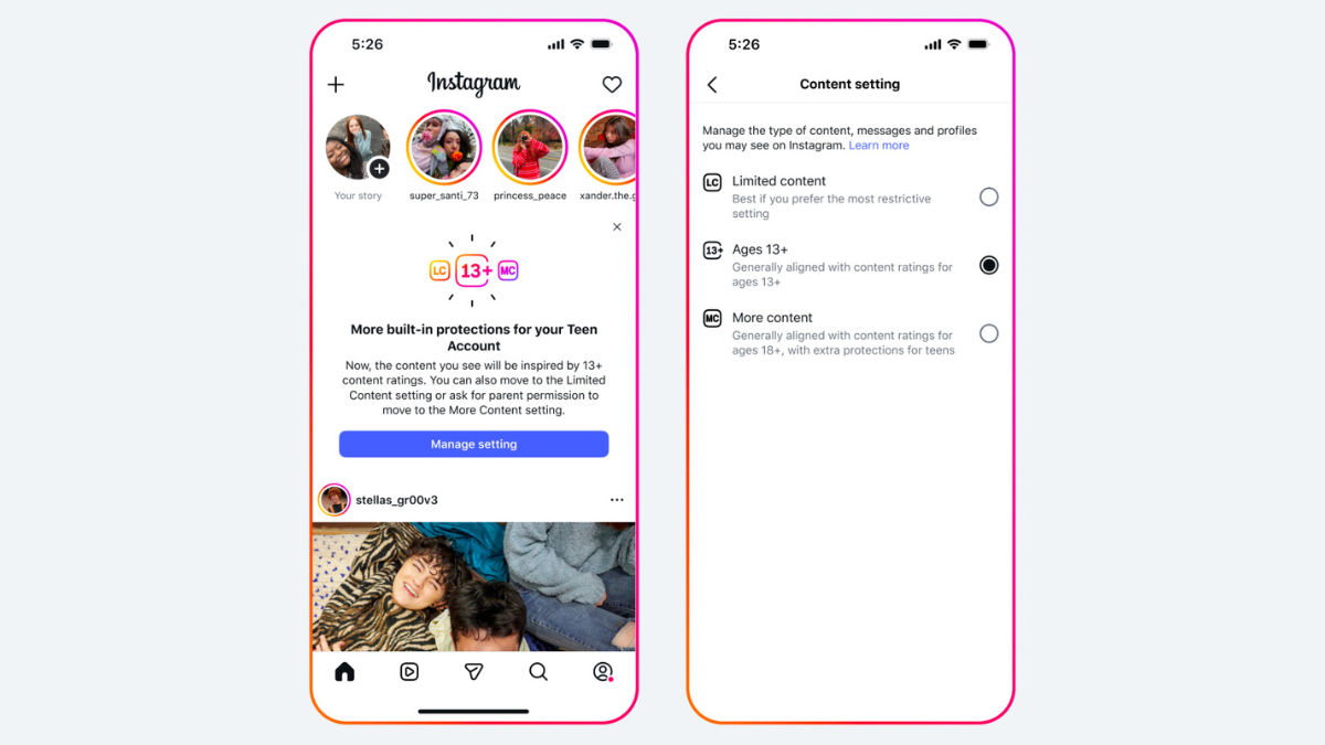 Side-by-side mobile screenshots displaying the Instagram home feed announcement for Teen Accounts and the new 'Content setting' menu with options for Limited, Ages 13 plus, and More content.