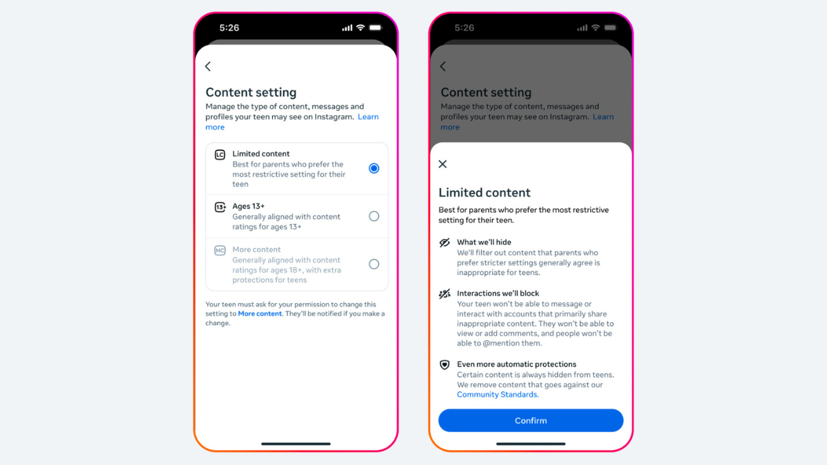 Two phone screens showing the 'Limited content' setting selected and a detailed confirmation screen explaining how it hides inappropriate content and blocks interactions like mentions and comments.